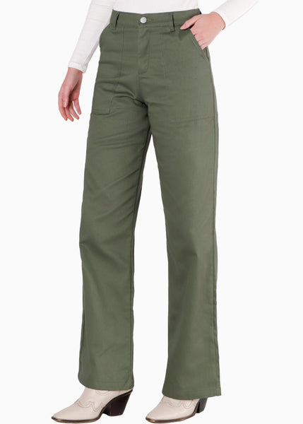 Pantalón recto de tiro alto con bolsillos color verde para mujer - Flashy