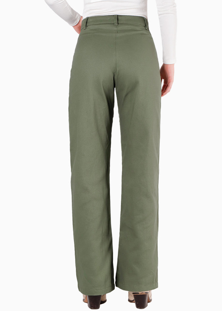 Pantalón recto de tiro alto con bolsillos color verde para mujer - Flashy