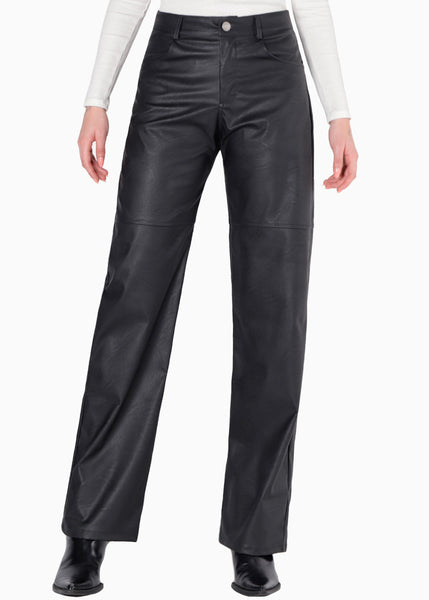 Pantalón recto de tiro alto tipo cuero color negro para mujer - Flashy