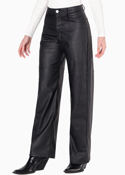 Pantalón recto de tiro alto tipo cuero color negro para mujer - Flashy