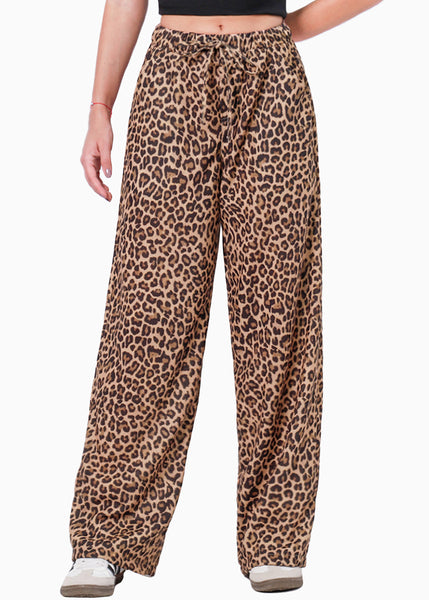 Pantalón recto tipo lino, de animal print, con elástico en cintura y anudado color café para mujer - Flashy