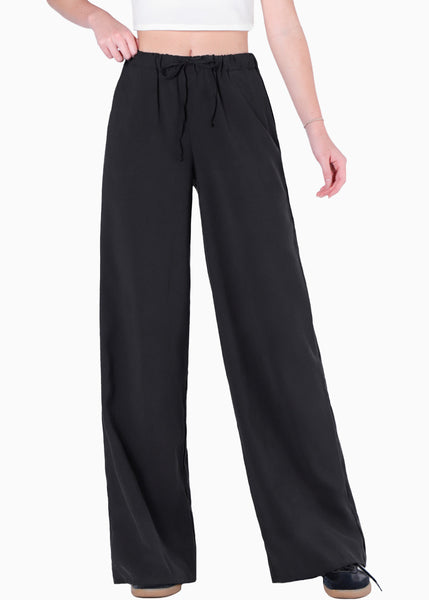 Pantalón wide leg con elástico en cintura y anudado color negro para mujer - Flashy