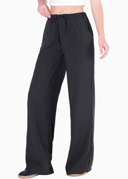 Pantalón wide leg con elástico en cintura y anudado color negro para mujer - Flashy