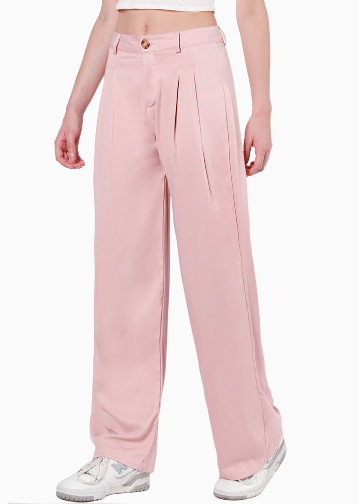 Pantalón wide leg de tiro bajo color rosado para mujer - Flashy