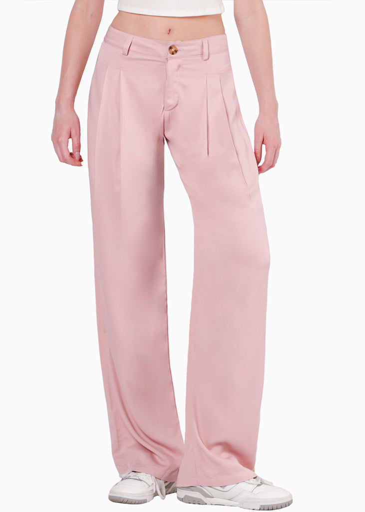 Pantalón wide leg de tiro bajo color rosado para mujer - Flashy