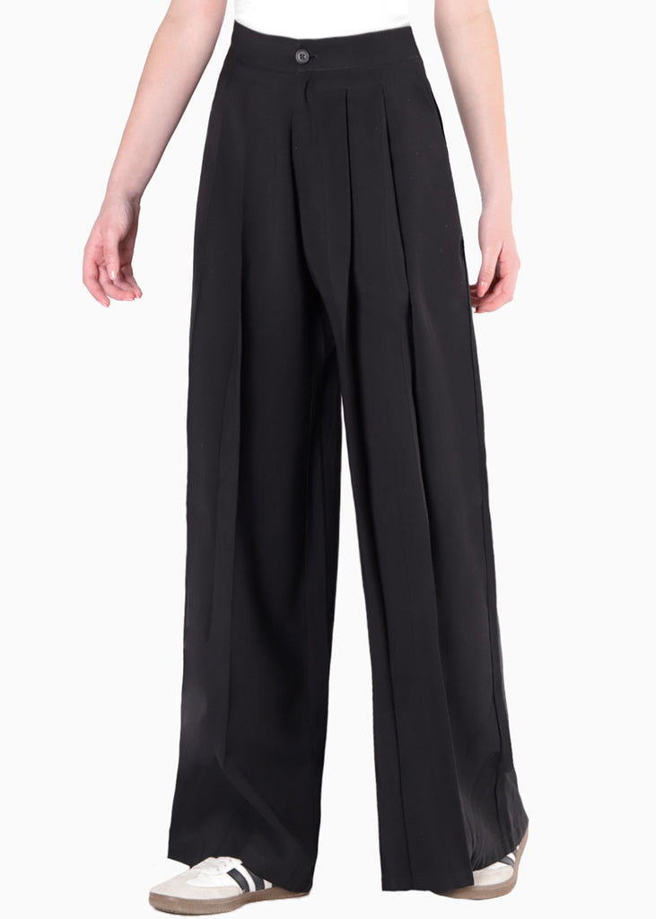 Pantalón wide leg de tiro medio y plisado color negro para mujer - Flashy