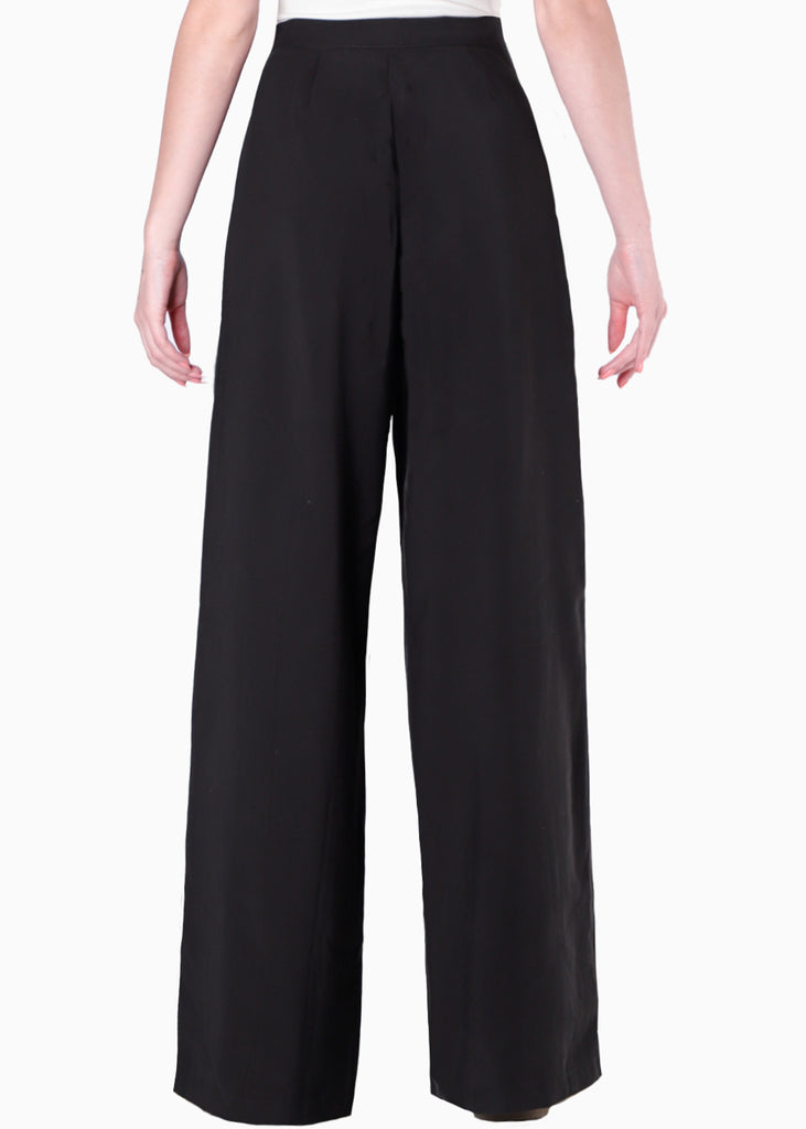 Pantalón wide leg de tiro medio y plisado color negro para mujer - Flashy