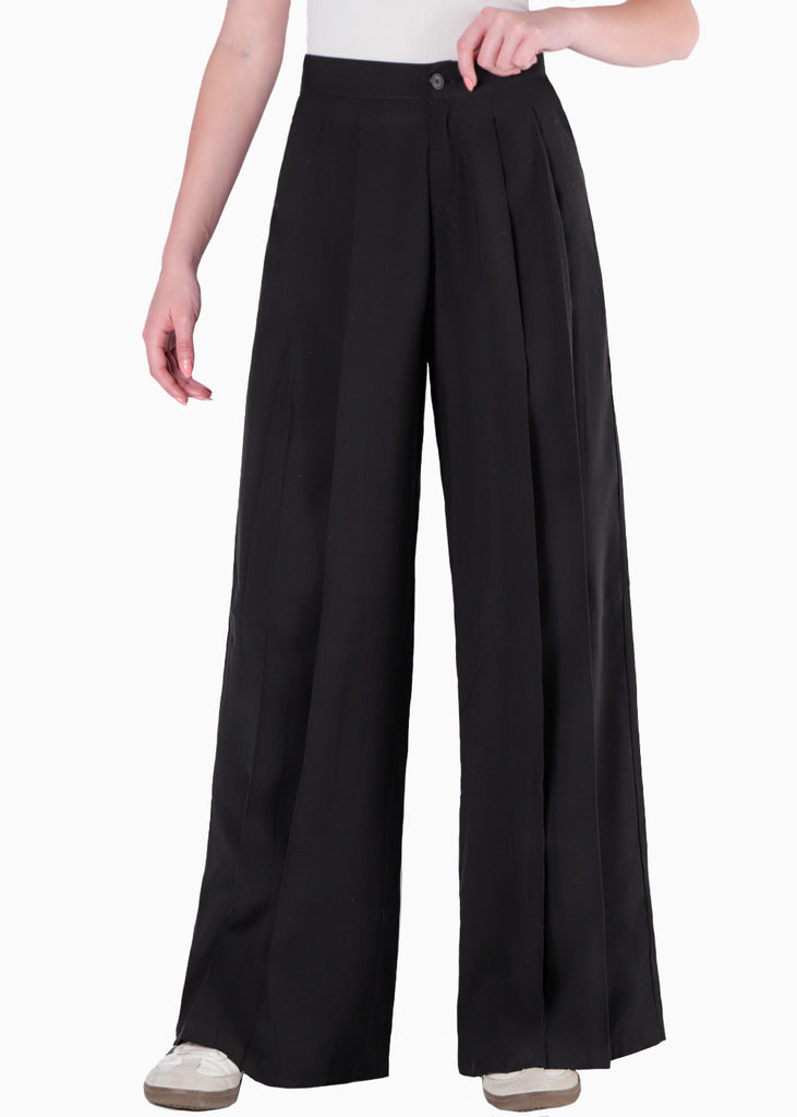 Pantalón wide leg de tiro medio y plisado color negro para mujer - Flashy