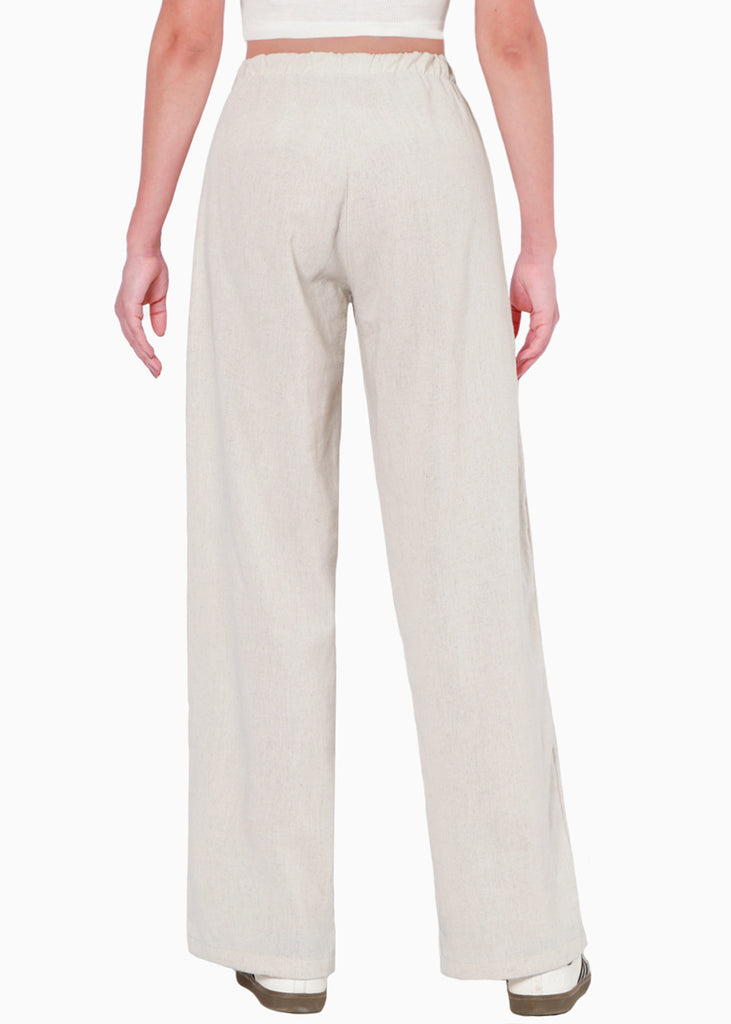 Pantalón recto tipo lino con elástico en cintura y anudado color beige para mujer - Flashy