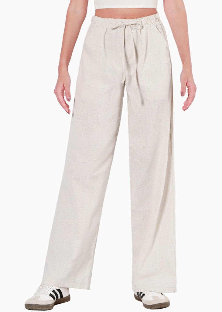 Pantalón recto tipo lino con elástico en cintura y anudado color beige para mujer - Flashy