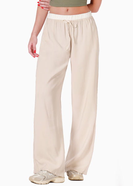 Pantalón wide leg tipo lino con pretina en contraste y anudado en cintura color beige para mujer - Flashy