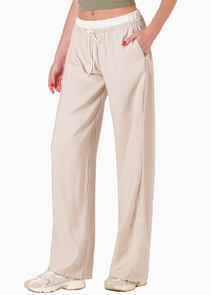 Pantalón wide leg tipo lino con pretina en contraste y anudado en cintura color beige para mujer - Flashy