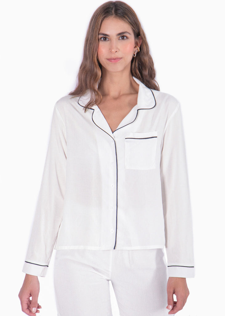 Pijama con blusa manga larga de botones y pantalón color blanco, marfil para mujer - Flashy