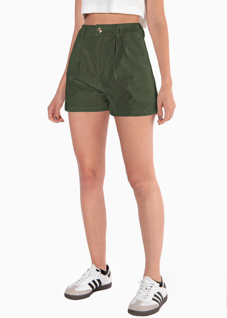 Short de corduroy de tiro alto y con pinzas color verde para mujer - Flashy