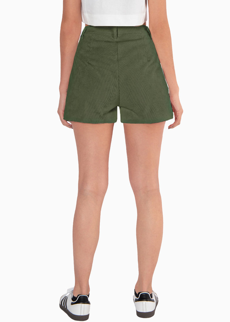 Short de corduroy de tiro alto y con pinzas color verde para mujer - Flashy