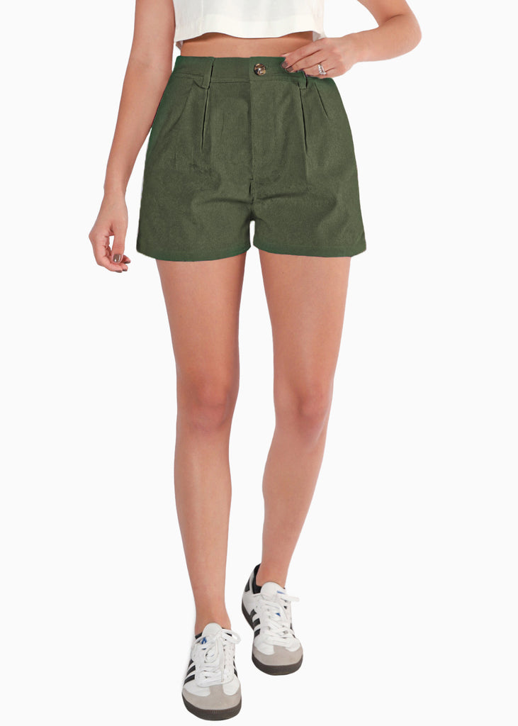 Short de corduroy de tiro alto y con pinzas color verde para mujer - Flashy