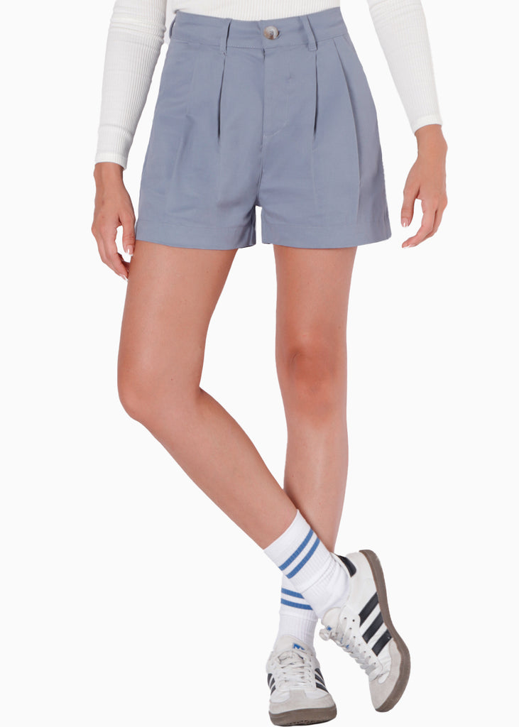 Short de tiro alto y con pinzas color azul para mujer - Flashy