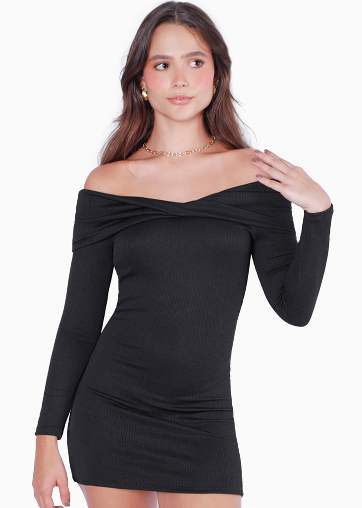 Vestido corto con escote off shoulder color negro para mujer - Flashy