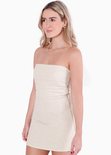 Vestido corto strapless tipo lino color beige para mujer - Flashy