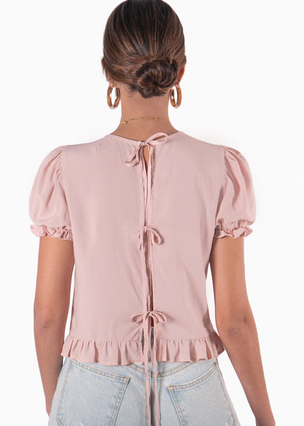 Blusa corta con mangas abullonadas, boleros y espalda descubierta color rosado para mujer - Flashy