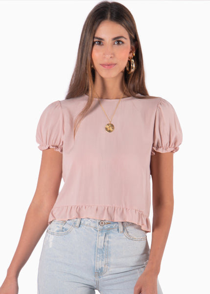 Blusa corta con mangas abullonadas, boleros y espalda descubierta color rosado para mujer - Flashy